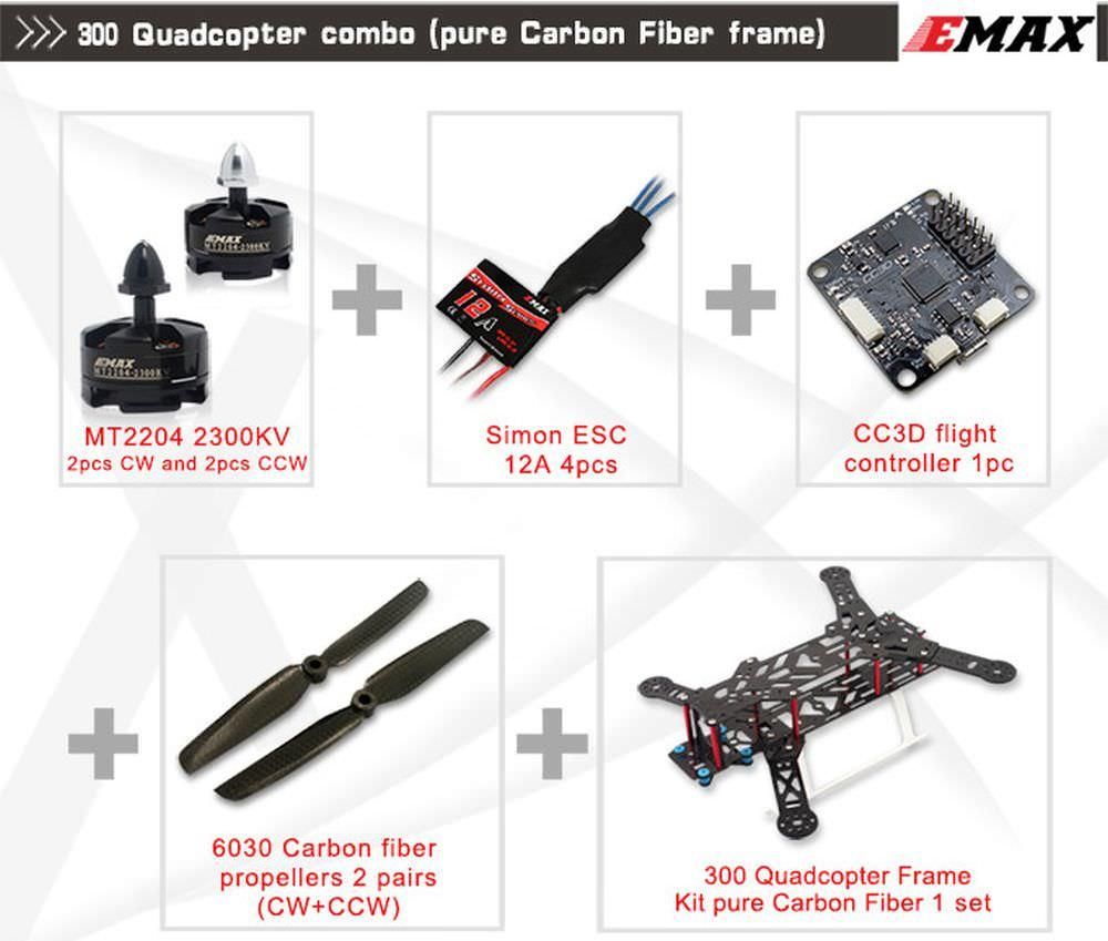 Emax 300 FPV Quadcopter Set - 4x MT2204, 4x 12A Regler, CC3D, 6x3 CF Propeller