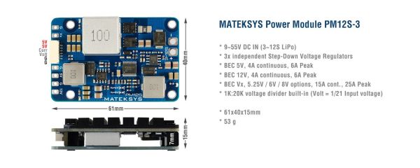 Matek BEC Power Module 12S 3x BECs 5V / 12V / 5-8V einstellbar - PM12S-3